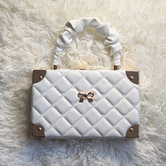 New White Quilted Vegan Leather Mini Trunk Handbag - Convertible Crossbody - Picture 1 of 9